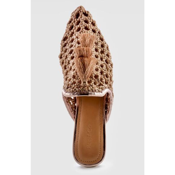 NWT RAG & CO‎ MELANIE Rose Gold Bronze Tassels Embellished Woven Flat Mules Size - Picture 1 of 10